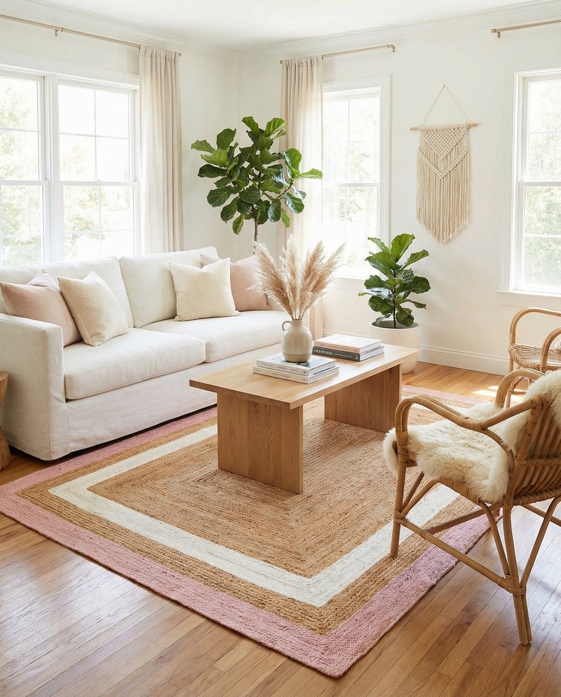 Woven Seaside Jute Collection Area Rug - Nantucket Rectangle Pink White Natural  lifestyle 19