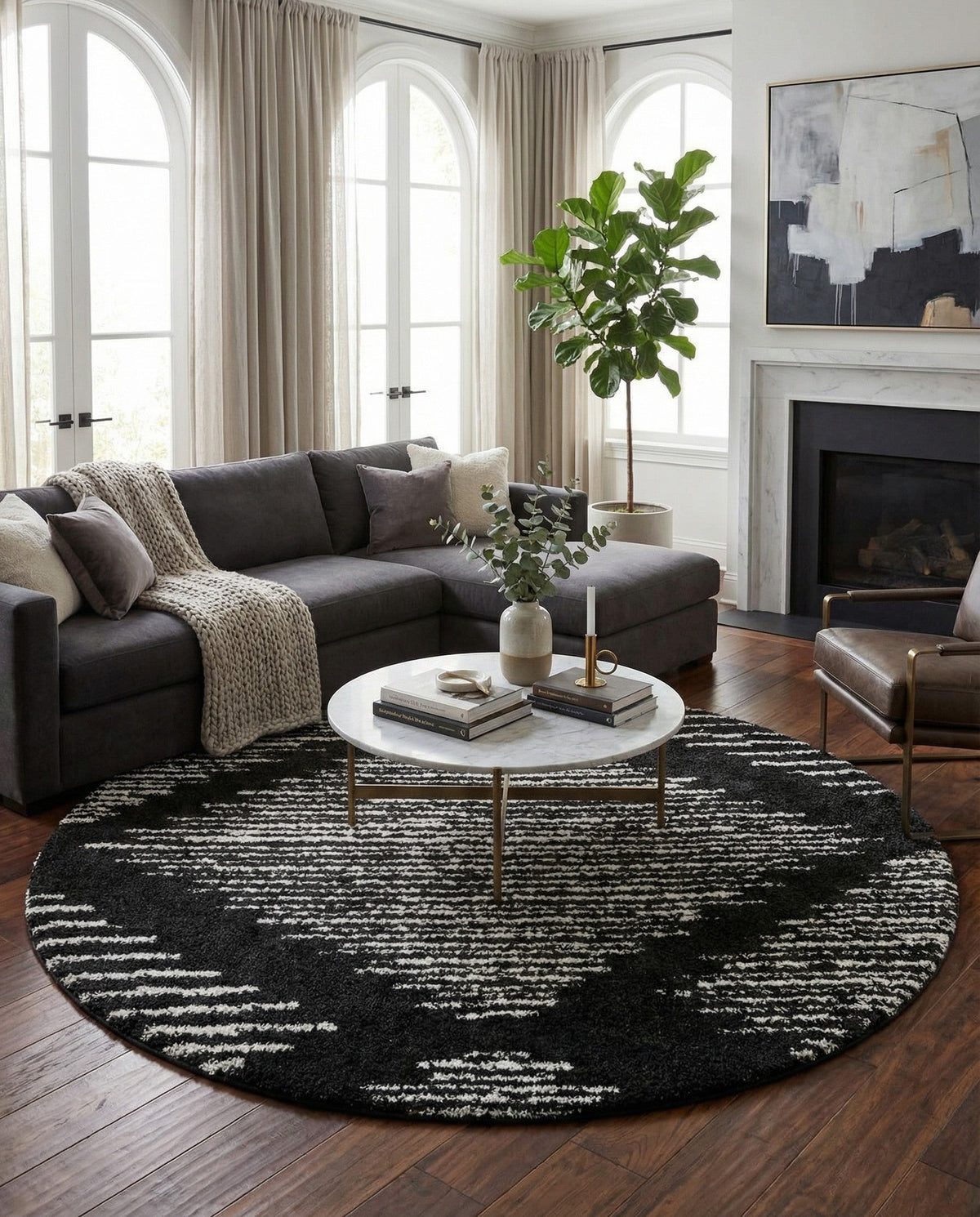 Tranquil Tides Shag Collection Area Rug -  Azure Round Black and White  lifestyle 89