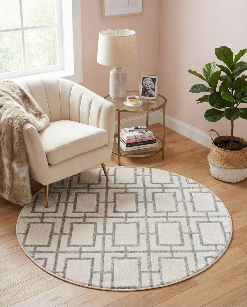 Hollywood Luxe Collection Area Rug -  Beverly (White Silver) Round White Silver  lifestyle 51