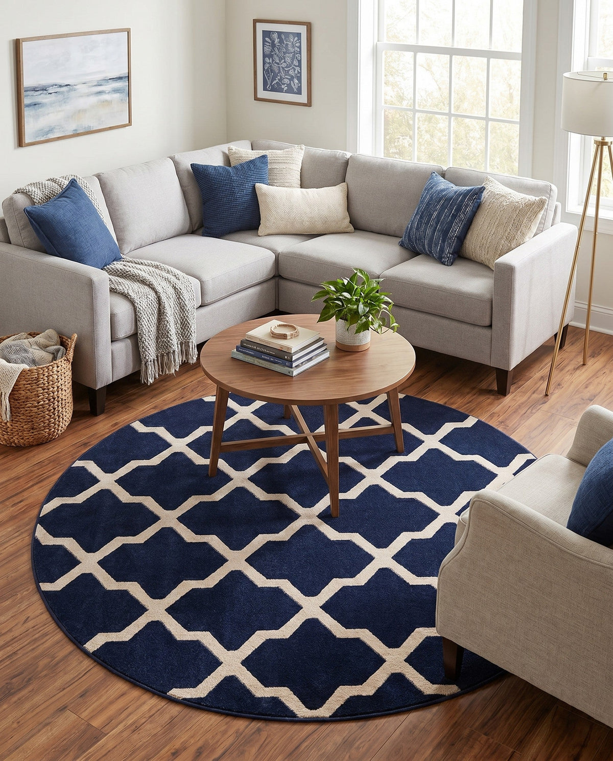 Lattice Gardens Collection Area Rug -  Floratown Round Navy Blue  lifestyle 43