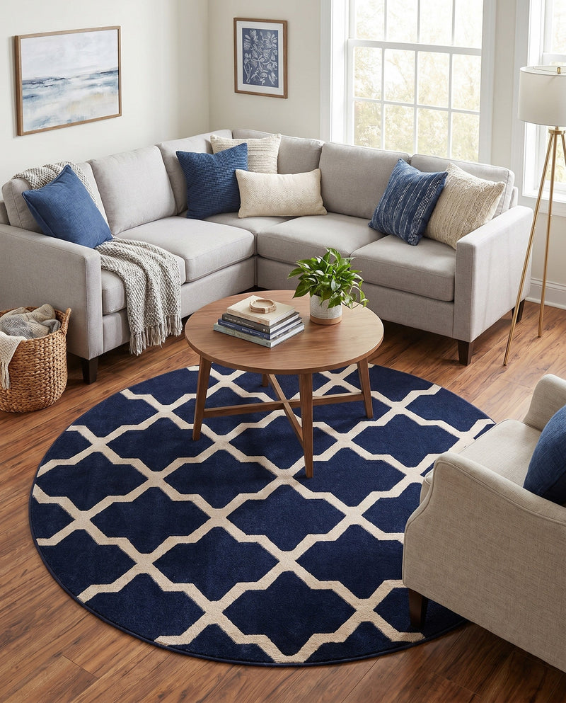Lattice Gardens Collection Area Rug -  Floratown Round Navy Blue  lifestyle 43