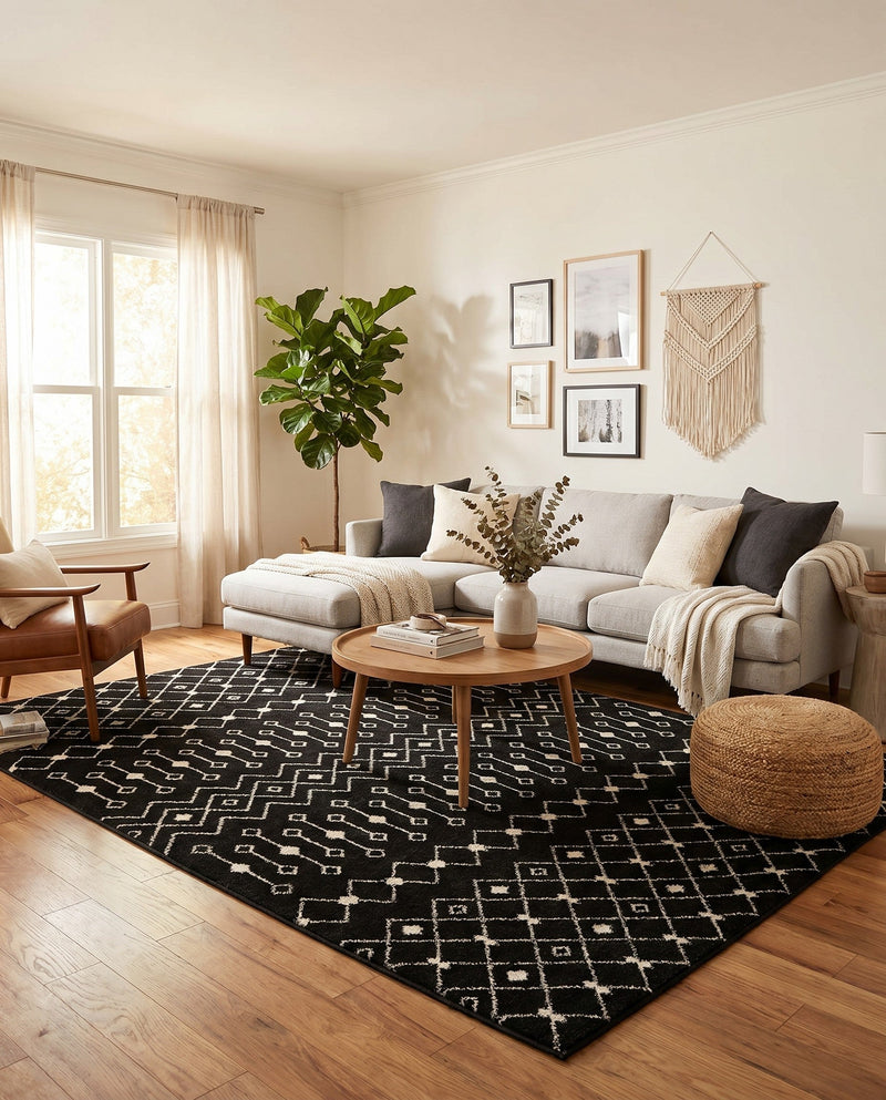 Mediterranean Lattice Collection Area Rug - Santorini (Black and White) Rectangle Black and White  lifestyle 12