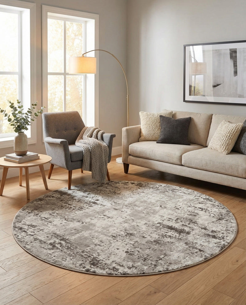 Luminara Sands Collection Area Rug - Elysium (Stone Gray) Round Stone Gray  lifestyle 62