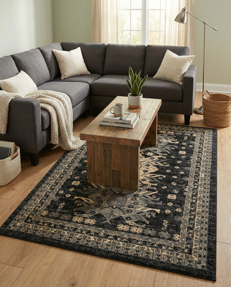 Tabriz Tapestries Collection Area Rug - Azerbaijan (Black) Rectangle Black  lifestyle 8