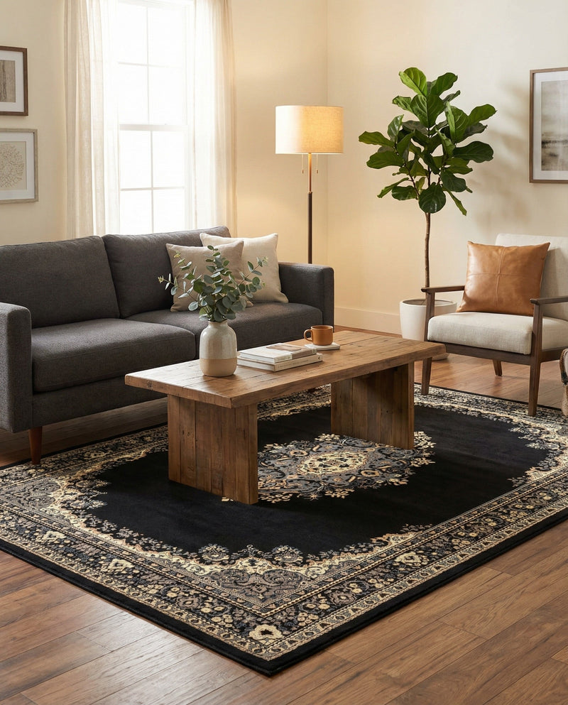 Tabriz Tapestry Collection Area Rug - Azerbaijan (Black) Rectangle Black  lifestyle 19