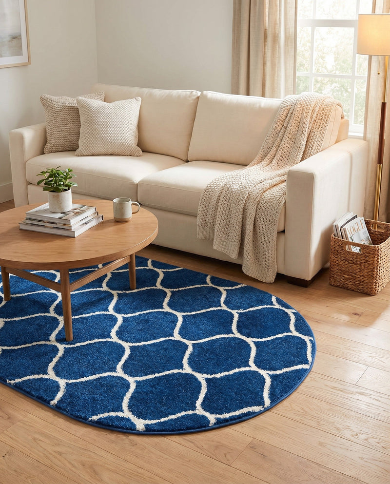 Trellis Mosaic Collection Area Rug -  Pergolatown (Navy Blue) Oval Navy Blue  lifestyle 76