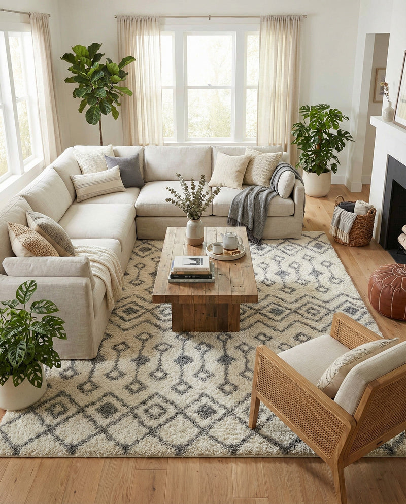 Berber Lattice Shag Collection Area Rug - Atlas (Ivory) Square Ivory  lifestyle 41
