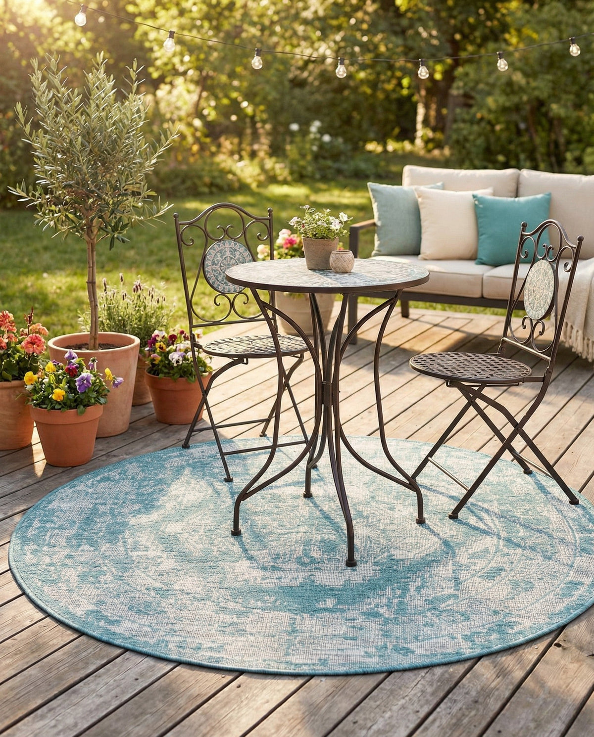 Patio Heritage Collection Area Rug -  Augusta (Aqua) Round Aqua  lifestyle 109