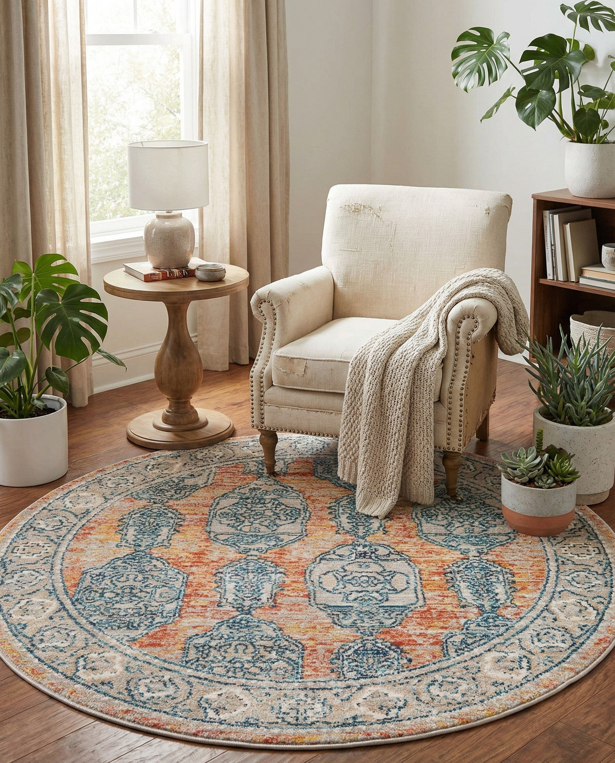 Seville Stripes Collection Area Rug -  Granada (Brick Red) Round Brick Red  lifestyle 81