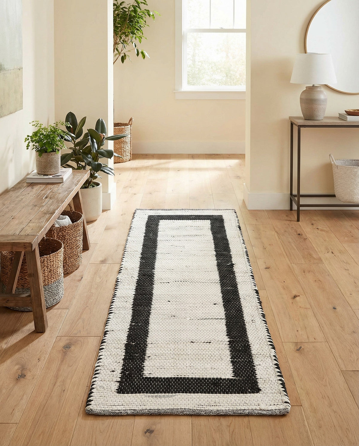 Osian Looms Collection Area Rug - Durham Runner White and Black  lifestyle 179