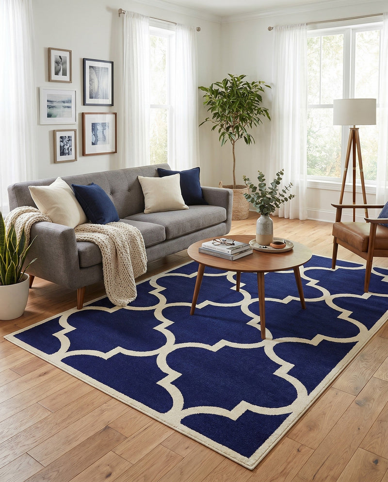 Lattice Gardens Collection Area Rug -  Espaliera Rectangle Navy Blue  lifestyle 27