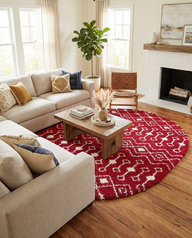 Berber Lattice Shag Collection Area Rug - Atlas (Burgundy Red) Oval Burgundy Red  lifestyle 71