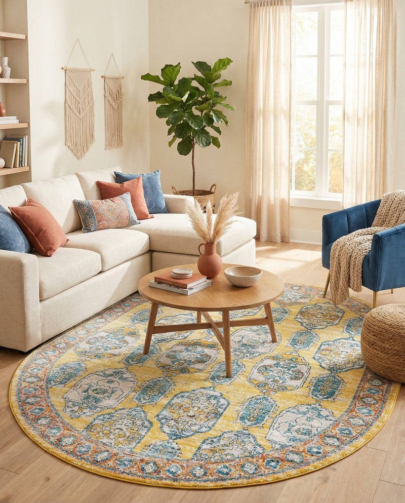 Seville Stripes Collection Area Rug -  Granada (Yellow) Oval Yellow  lifestyle 80