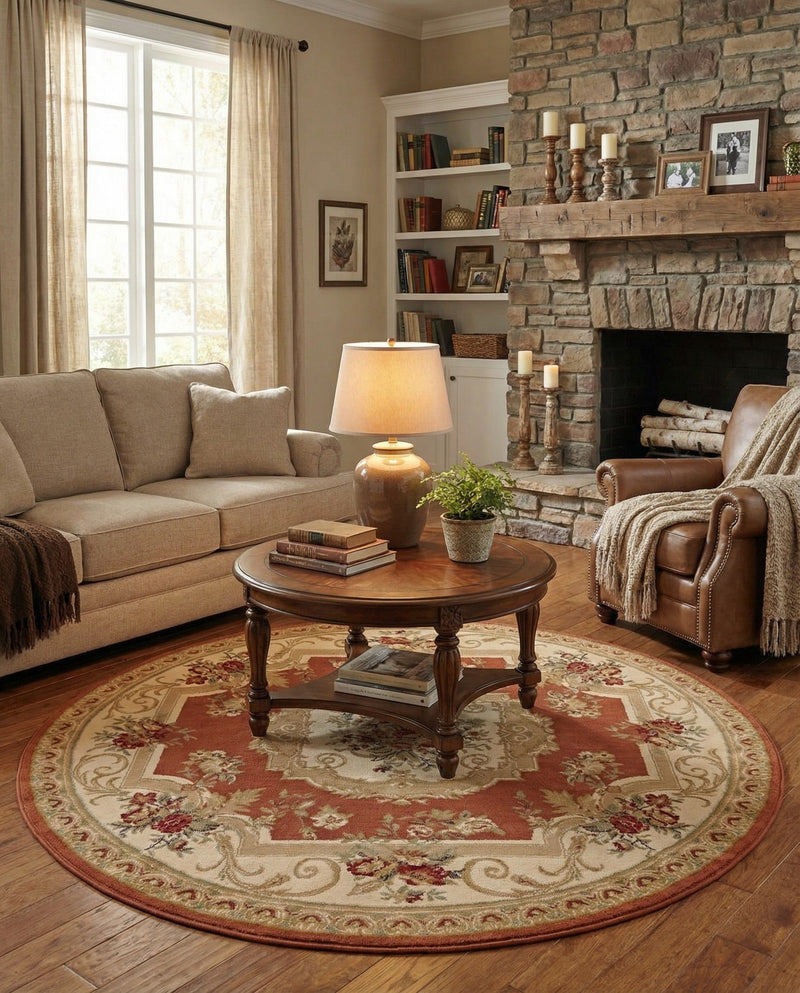 Versailles Elegance Collection Area Rug -  Louveciennes (Brick Red) Round Brick Red  lifestyle 58