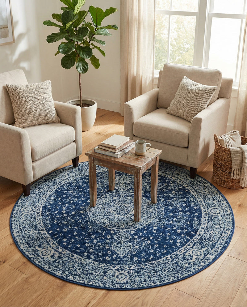 Dover Terrace Collection Area Rug - Marina (Navy Blue) Round Navy Blue  lifestyle 36