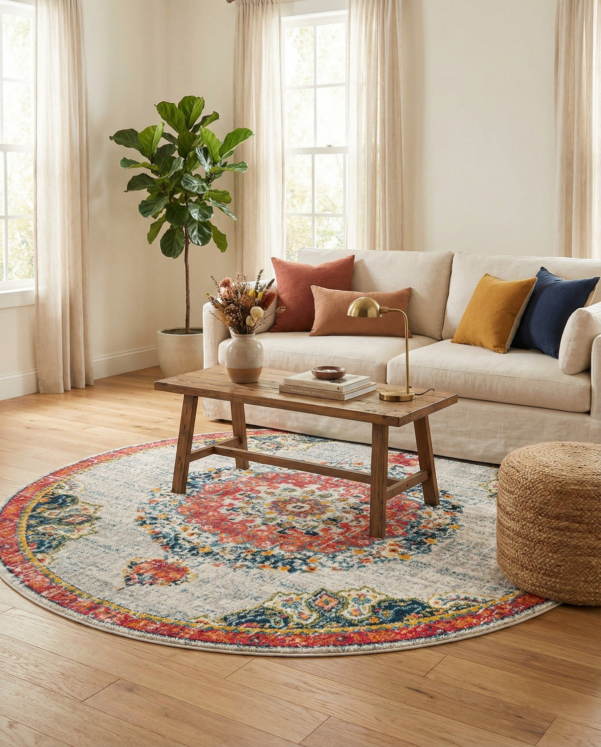 Brighton Terrace Collection Area Rug - Hove (Ivory) Round Ivory  lifestyle 117