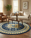Tabriz Tapestries Collection Area Rug - Azerbaijan (Navy Blue) Round Navy Blue  lifestyle 56