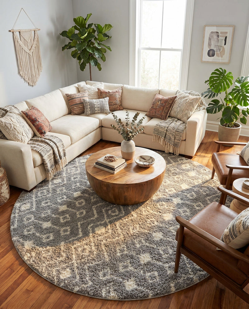 Berber Lattice Shag Collection Area Rug - Atlas (Gray) Round Gray  lifestyle 53