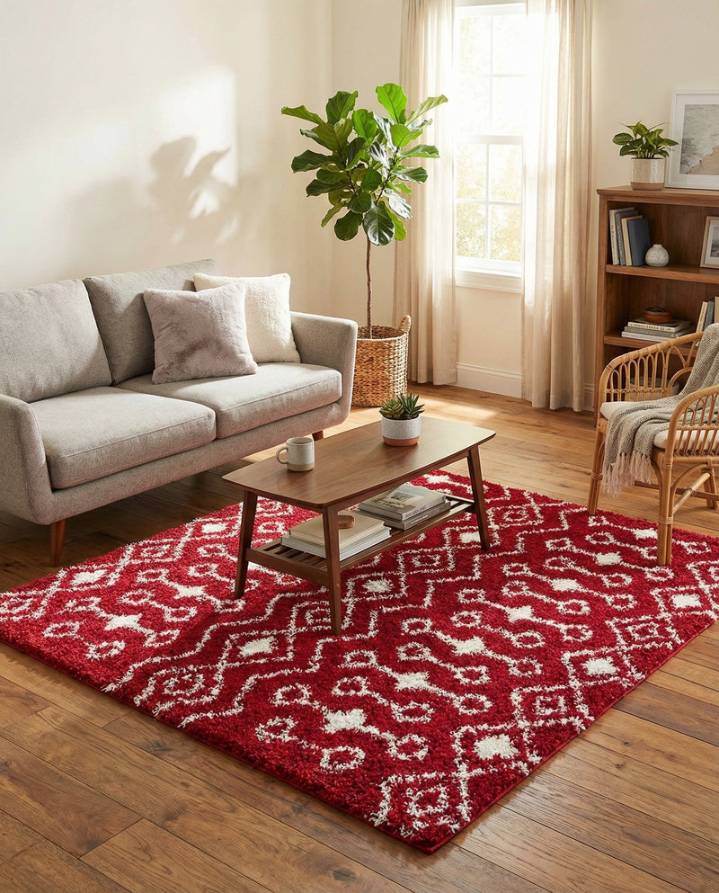Berber Lattice Shag Collection Area Rug - Atlas (Burgundy Red) Square Burgundy Red  lifestyle 42