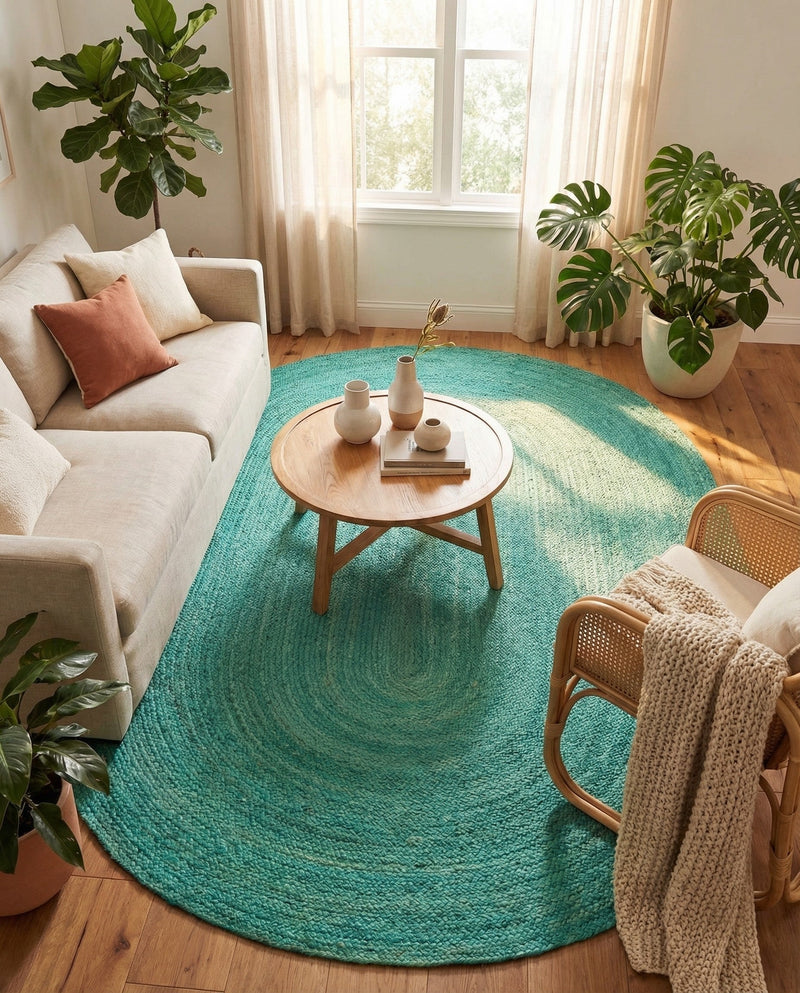 Woven Seaside Jute Collection Area Rug - Savannah (Turquoise) Oval Turquoise  lifestyle 58